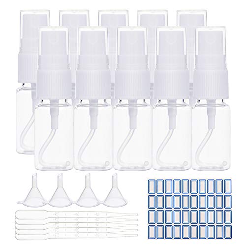 BENECREAT 24 Pack 10ml Botella de Spray de Plástico Transparente con Tapa Antipolvo Atomizador de Viaje de Plástico de Niebla Fina con Pipetas, Embudos y Etiquetas para Líquidos