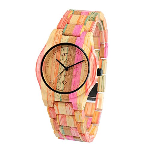 BEWELL Reloj Unisex de Madera,Hecho a Mano Natural de Bambú,Analógico Cuarzo de Hombre y Mujer con Correa de Multicolor de Bambú,Robusto y Elegante,Ligero,W105DG