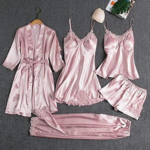 Blushy Silk 5 Piece Pajama Set, Sexy Women's Sleepwear Floral Lace Trim Satin Cami Robe Pajama Set with Chest Pads #05 XL