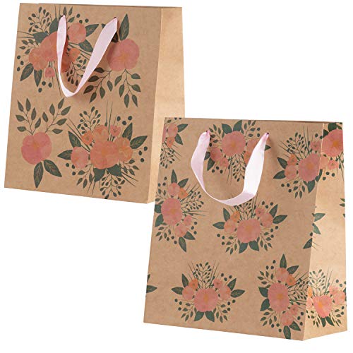 Bolsas de Regalo Florales - Paquete de 24 bolsas kraft para regalos - Dos diseños florales de acuarela con asas, Mediano, 22,9 cm x 20,3 cm x 9,9 cm