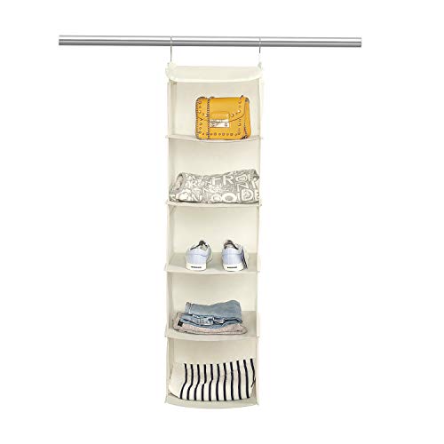 BrilliantJo Organizador Colgante para Armario de 5 Niveles y con 6 Bolsillo, Estantería Colgante de Tela y 2 Ganchos, Estante de Tela para Armario para Ropa, Toallas (30 * 30 * 108cm, Beige)