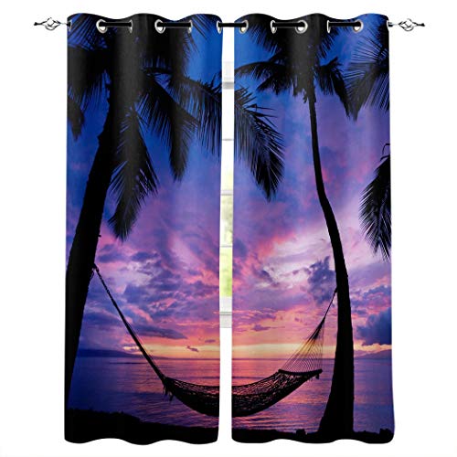 BTBDWOSQ® 3D Digital Impresión Cortinas Opacas Hojas con Ojales Poliéster Termicas Aislantes Playa De Coco Negro Rojo Atardecer Nubes Oscuras Paisaje 220X237 Cm (Ancho X Alto) Salón Dormitorio Cuarto