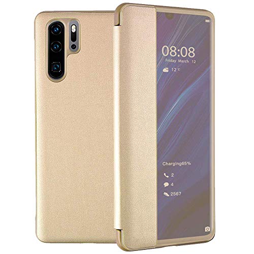 caler Compatible Funda con Huawei P20 Flip Tapa Carcasa Modelo Fecha Inteligente tirón del Duro Case 360 Protección Plegable Ultrafina Cover [Caso Translucent Window](Oro Dorada)