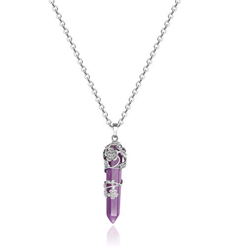 Collar con colgante giratorio de flor de plata con piedra de cristal púrpura natural.