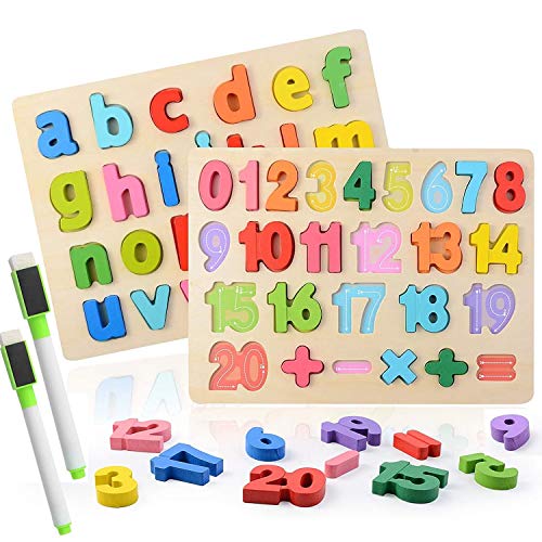 Colmanda Puzzles de Madera, 2 Piezas Alfabeto y Números Rompecabezas ABC Tablero de Rompecabezas Aprendizaje Regalo Juguete Educativo para Niños