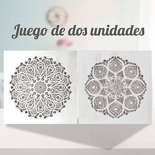 Conjunto de 2 Cuadro Mandala de Pared Calada, Fabricada artesanalmente en España- Mandala 3D Cuadrada Pintada a Mano- Modelo Mosaico 123 y 125 (Blanco Envejecido, 50x50 cm)