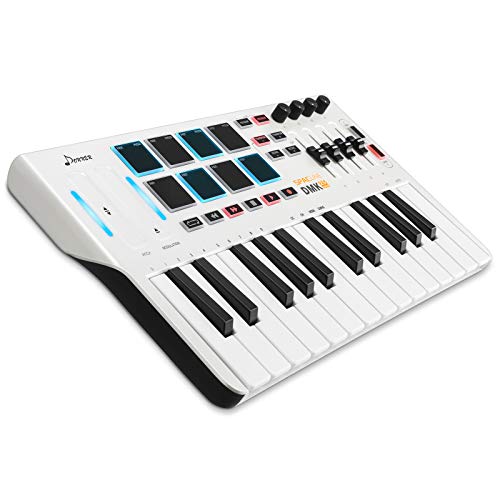 Controlador de Teclado MIDI DMK25, Donner Professional Sintetizador de 25 Teclas Mini USB Beat Pad con 8 Pads de Batería Retroiluminados 4 Perillas 4 Controles Deslizantes, Blanco