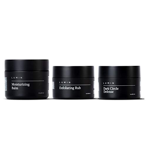 Correction Trio Collection for Men: 3 Piece Kit to Help with Tired Eyes, Dark Spots, Uneven, and Dull Skin - Includes Dark Circle Defense, Exfoliating Rub, and Moisturizing Balm - Korean Made by Lumin