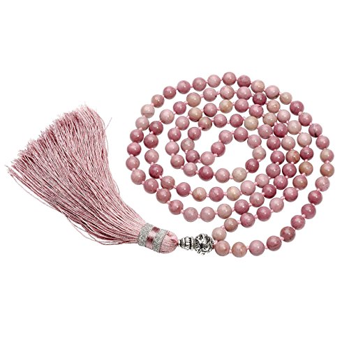 CrystalTears 108 perlas piedras preciosas Yoga pulsera Wickelarmband Om mani Padme hum Buddha Gebetskette Healing Reiki piedra Mala cadena Halskette con borla (Rhodochrosit)