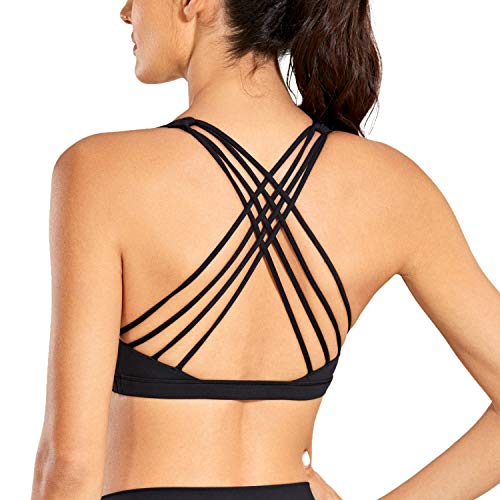 CRZ YOGA Sujetador Deportivo Mujer Sujetador de Yoga Almohadillas Extraíbles Strappy Sports sin Aros Negro M