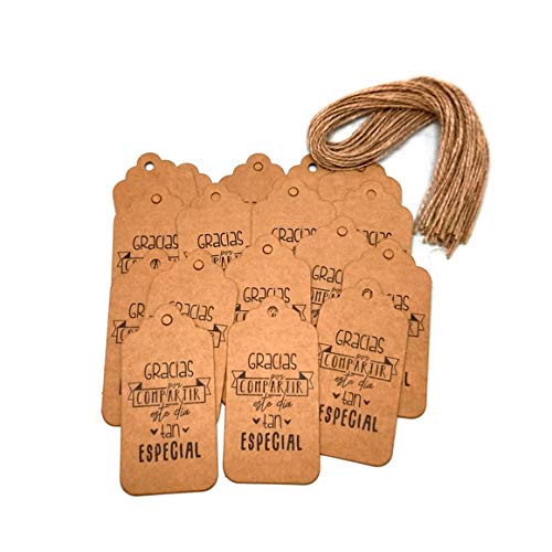 DISOK - Lote 20 Tarjetas Kraft FRASES. Tarjetas decorativas para presentar tus detalles y regalos en bodas, bautizos y comuniones.