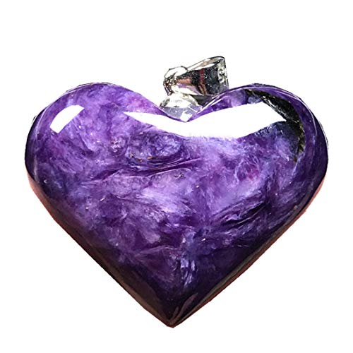 DUOVEKT Corazón natural de cristal de charoita, joyería colgante de charoita morada para mujer y hombre de 25 x 8 mm, cuentas de piedra de plata de ley 925 AAAAA.