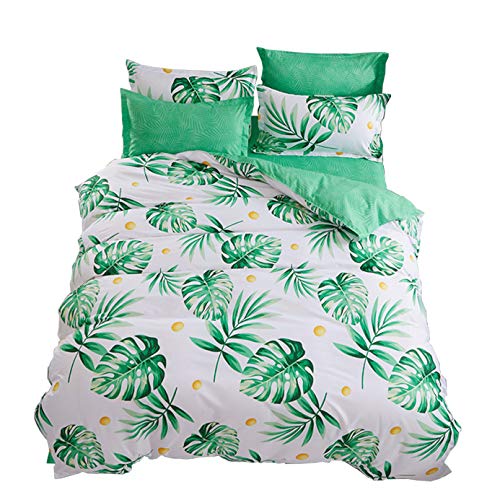 ED-Lumos Juego de Ropa de Cama ４Piezas para Cama 135-150cm Funda de Edredón 240x220cm Sábana 230x250cm Funda de Almohada 48x74cm Poliéster Color Verde con Hoja Grande