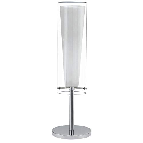 EGLO Lámpara de mesa Pinto, 1 lámpara de mesa, lámpara de noche de acero, color: cromo, cristal transparente, ópalo mate, blanco, casquillo E27, incluye interruptor