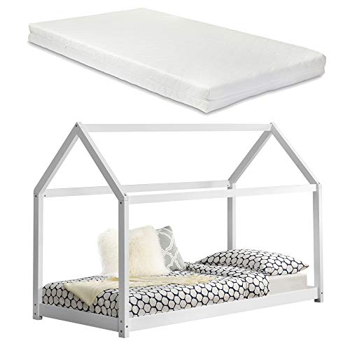 [en.casa] Cama para niños de Madera Pino con colchón 200x90cm Cama Infantil Forma de casa Textil de Confianza Certificado Öko-Tex 100 Blanco Mate