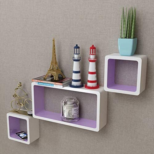 Estantería cuadrada de pared para libros, DVD, montaje en pared, color blanco y morado, 21,5 x 10 x 42,5 cm + 17,5 x 10 x 17,5 cm + 2 unidades