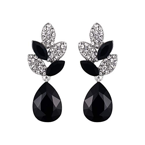 EVER FAITH Mujer Cristal Rhinestone Boda Flor Hoja Lágrima Perforado Pendientes Negro Tono Plateado