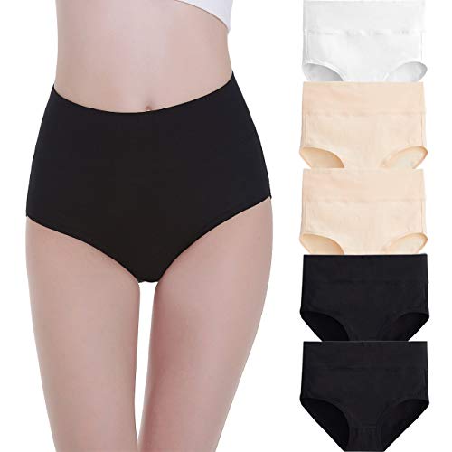 FALARY Bragas Algodón Mujer Cintura Alta Pack de 5 Negro Beige Blanco L