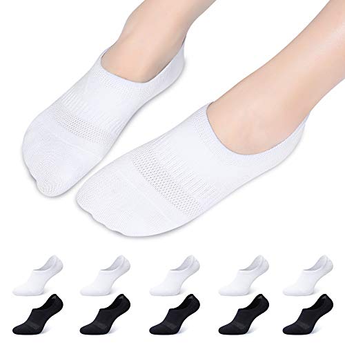 Falechay 10 Pares Calcetines tobillero Invisibles Algodón hombre mujere Calcetines Cortos con tiras de silicona antideslizantes Negro/Blanco 39-42