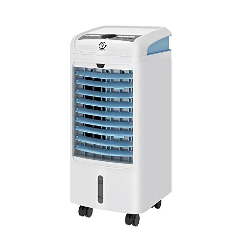 Famgizmo Climatizador Evaporativo Portátil, Función de Enfría, Ventila y Humidifica, 3 Modos y 3 Velocidades, Deposíto de Agua 4L, Temporizador 7,5 H, Oscilación, Mando a Distancia, 2 Cajas Hielo, 75W