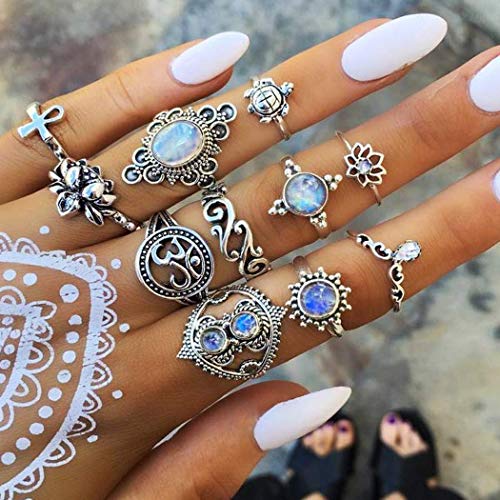 Fashband Juego de anillos para nudillos de punk, con piedras preciosas plateadas, juego de anillos apilables retro vintage para mujeres y niñas, 11 unidades