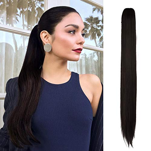 FESHFEN Coleta Postiza con Pinza Pelo, 71 cm Extensiones Coletas de Cabello Clip Liso Largo Postizo Coleta con Pinza de Pelo Sintético Claw Ponytail Extension, Negro Marrón