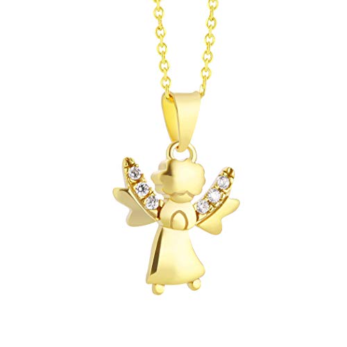 fish - Collar con colgante de ángel de la guarda de oro amarillo de 8 quilates (sello 333) con circonitas ajustable para niñas y caja de regalo