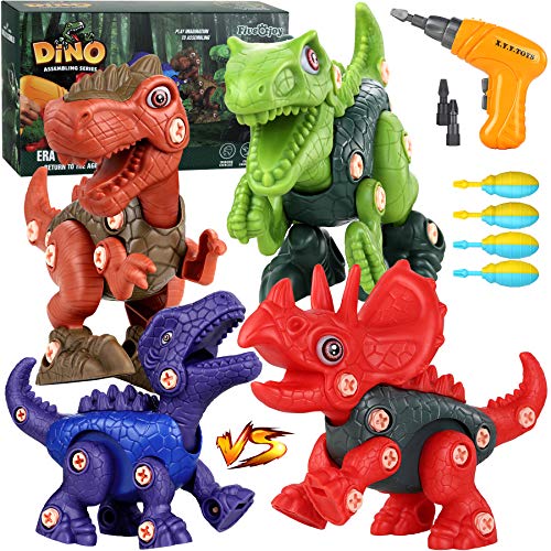 Fivejoy Dinosaurios Juguetes, 118 PCS Construcción Dinosaurio, Puzzle Dinosaurios con Taladro Eléctrico, Juguetes de Dinosaurios Incluyen 4 Dinosaurios Tiranosaurio Rex Regalo para Niños Niñas 3 Años