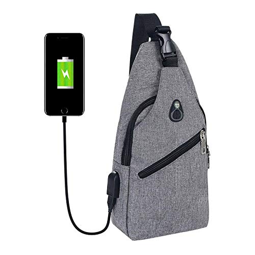 flintronic Sling Bag, Bolsa de Pecho con Puerto de Carga USB y Puerto para Auriculares, Hombres Mujeres Senderismo Ligero Mochila de Viaje (Incluye 1 Cable USB + 1 Gancho de Escalada)