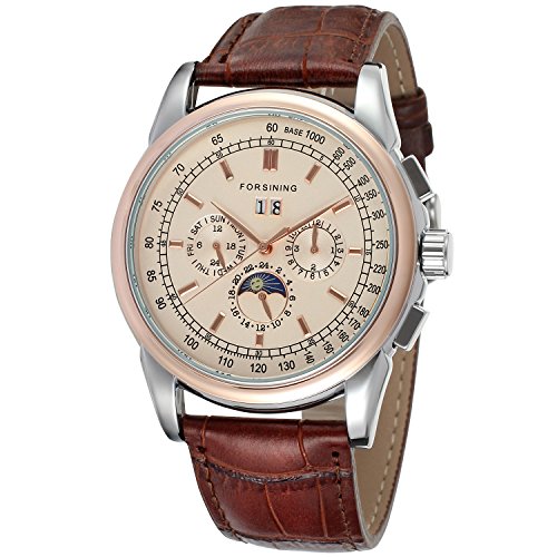 Forsining Hombres reloj de pulsera automático de gama alta, fases de la luna, correa de piel analógica, colección FSG319M3T2