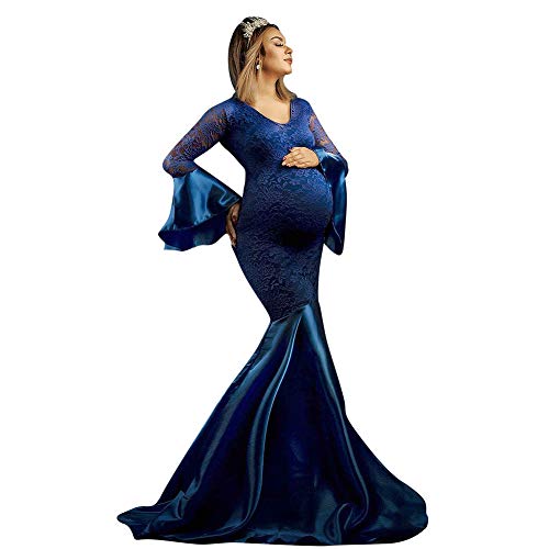 FYMNSI Vestido de maternidad para fotografía embarazada, vestido de encaje de sirena, vestido largo de noche para mujer, manga con campana, vestido maxi para sesiones de fotos, disfraz premamá azul L