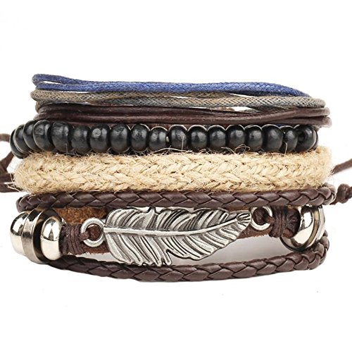 Gespout Cadena de Brazalete Joyería de Pulsera Ajustable Bracelet de Cuero con Brillando Cuentas Colgante Encanto de Hombres Viaje Escalada Estilo Retro Hojas