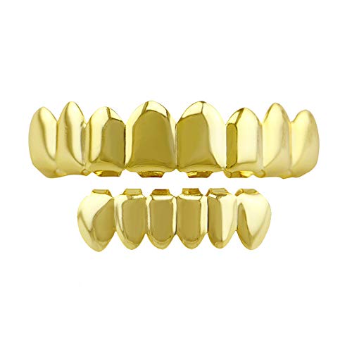 Gib niemals auf Juego de 8 Parrillas en la Parte Superior y en la Parte Inferior en Oro 8 Brillantes Dientes de Hip Hop Grillz (Color : Glossy Gold)