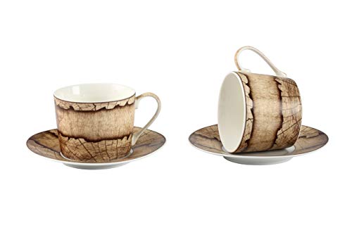 GuangYang Juego de tazas de té y platillos de porcelana, 220 ml, diseño de grano de madera, taza de café con platillo, caja de regalo