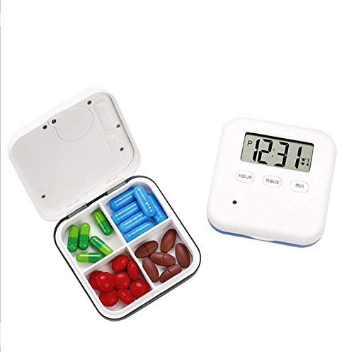 Hangang Pastillero de alarma inteligente con 4 cajas dispensadoras, recordatorio de vibración,vitaminas/píldoras diarias, recordatorio de medicinas, caja con pantalla digital(Gris)