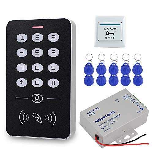 HFeng Kit de sistema de control de acceso 125 KHz teclado RFID + DC12 V 3 A controlador de fuente de alimentación + botón de salida de puerta + 10 piezas tarjeta de llaveros para de hogar