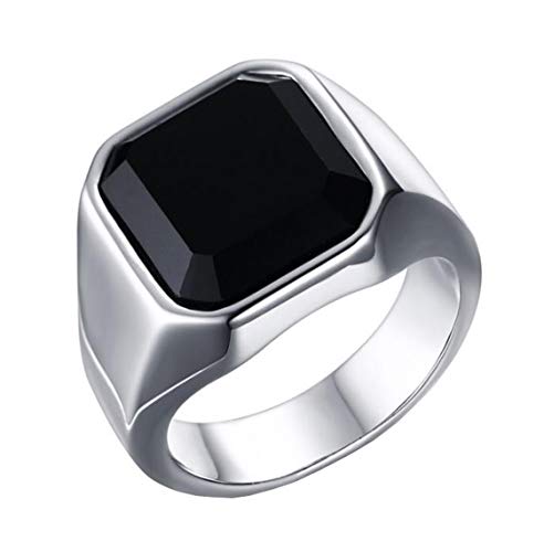 HIJONES Sencillo Pulido Anillo de Piedras Preciosas Negro para Hombre Acero Inoxidable con Zirconia Cúbica Cuadrado Mate Plata Tamaño 22