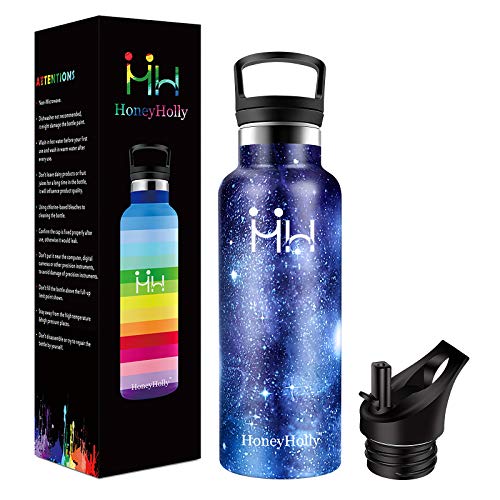 HoneyHolly Botella de Agua Acero Inoxidable sin BPA, Aislamiento de Vacío de Doble Pared, Botellas Frío/Caliente, Reutilizable para Niños, Colegio, Sport, Gimnasio Botellas Agua niños