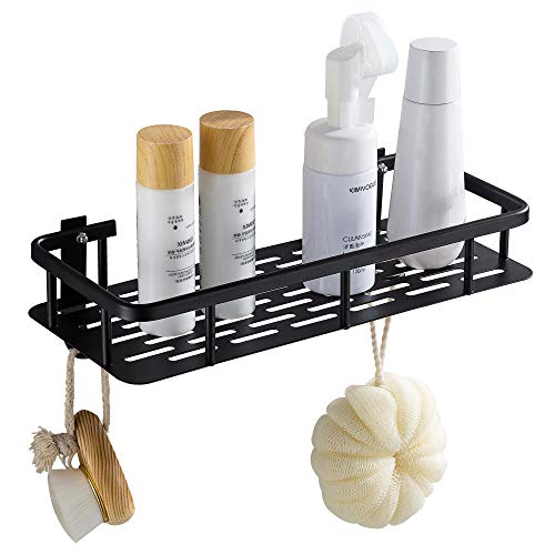 Hoomtaook Estante Ducha Cesta de Ducha Estante de Rectangular Almacenaje para baño Cocina Bandeja de Ducha Adhesiva con Aluminio Instalación sin Clavos sin Taladro Negro