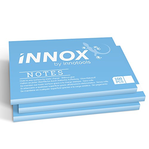 INNOX® - Notas electrostáticas autoadhesivas Innox Notes. Se adhieren sin pegamento, con electricidad estática. Reciclables. Pack de 3, color azul, 20 x 10 cm, 300 hojas