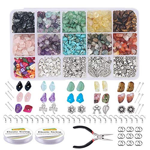 Irregulares Piedras Colores, Manualidades Adultos Kits Abalorios, Cuentas de Chips Naturales, con Alambre de Cristal Blanco, para Joyería de Bricolaje Collar Pulsera Pendiente Kit Suministros Hacer