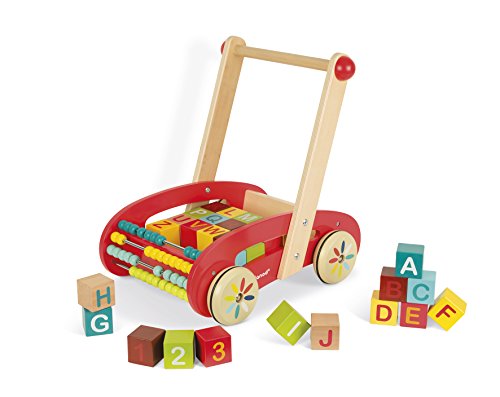 Janod - J05379 - Andador ABC Buggy Tatoo de madera de color rojo con 30 bloques incluidos para niños a partir de 1 año