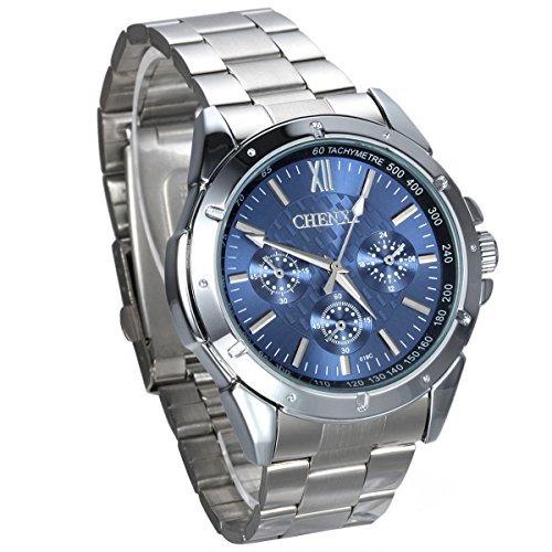 JewelryWe Hombre del Reloj, Display Azul Puntero de Plata, Plata Pulsera de Acero Inoxidable