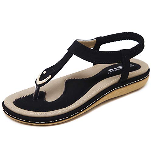 JIANKE Sandalias Mujer Verano Planas Bohemia Sandalias Cómodo Casual Zapatos de Playa Negro 37 EU