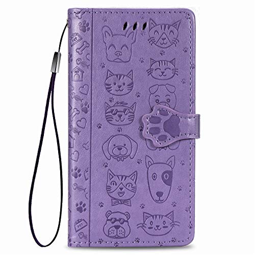 JIUNINE Funda para Redmi Note 9S / 9 Pro, Antigolpes Carcasa Libro con Tapa en Cuero Flip Case Cover con Patrón de Perro y Gato Cierre Magnético, Cartera y Soporte para Redmi Note 9S, Púrpura