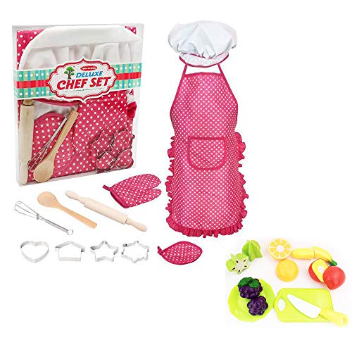 Junzheng 21 Piezas Conjunto de Juego de Rol de Chef,Delantal Gorro de Cocinero Utensilios y Frutas de Juguete,Regalos para Niños Niñas