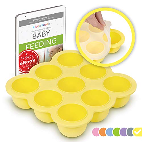 KIDDO FEEDO Contenedor para comida de bebés y bandeja de silicona con tapa - Multi funcional con 9 compartimentos - Sin BPA - eBook gratis del autor/dietista - Amarillo