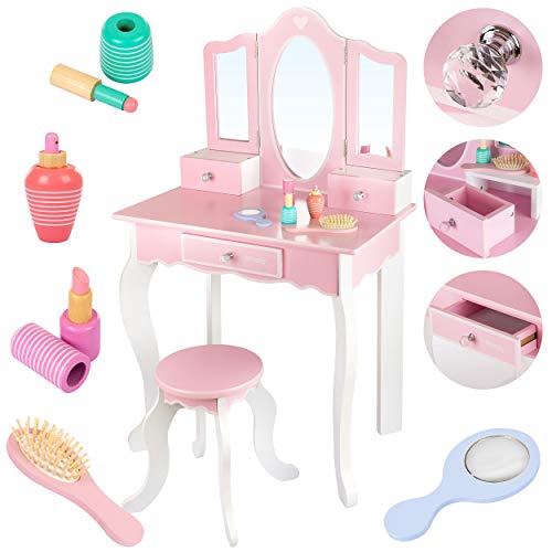 Kinderplay Tocador de Maquillaje Grande de Madera - Con Espejo Para Niñas - Tocador Maquillaje con Accesorios, Rosa Para Niños, Tocadores Maquillaje, GS3300