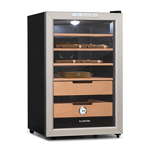 KLARSTEIN El Presidente - humidor de Puros, termoeléctrico, Puerta acristalada panorámica, Aislado, higrómetro, Temperatura de 12 a 23°C, 4 baldas y 2 cajones de Madera de Cedro, 65 litros, Negro