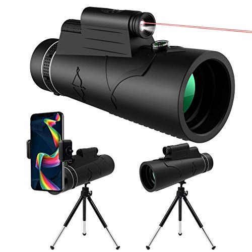 KNMY Telescopio Monocular HD 12x50 Visión Nocturna, Luz de Antorcha Roja, Impermeable con Soporte para Teléfono, Trípode, Brújula para Teléfono Móvil, Observación de Aves, Acampada, Caza, Senderismo